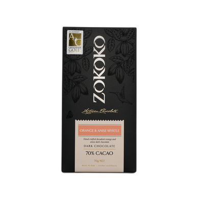 Zokoko artisan chocolate in 70g dark premium packaging, label with orange and anise myrtle dark chocolate, 70% cacao