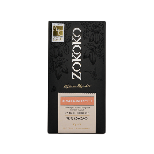 Zokoko artisan chocolate in 70g dark premium packaging, label with orange and anise myrtle dark chocolate, 70% cacao