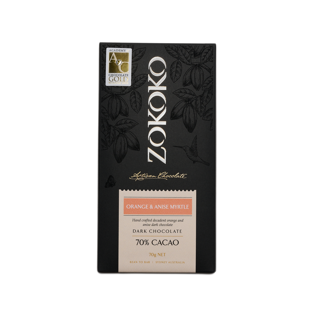 Zokoko artisan chocolate in 70g dark premium packaging, label with orange and anise myrtle dark chocolate, 70% cacao