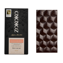 Load image into Gallery viewer, Zokoko artisan chocolate in 70g dark premium packaging, label with orange and anise myrtle dark chocolate, 70% cacao
