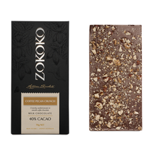 Load image into Gallery viewer, Zokoko artisan chocolate in 70g dark premium packaging, label with coffee pecan crunch milk chocolate, 40% cacao
