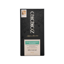 Load image into Gallery viewer, Zokoko artisan chocolate in 70g dark premium packaging, label with sea salt &amp; Tasmanian pepperberry milk chocolate, 40% cacao
