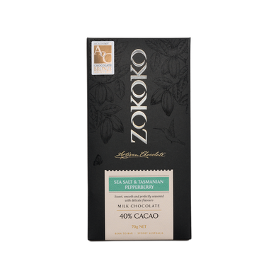 Zokoko artisan chocolate in 70g dark premium packaging, label with sea salt & Tasmanian pepperberry milk chocolate, 40% cacao