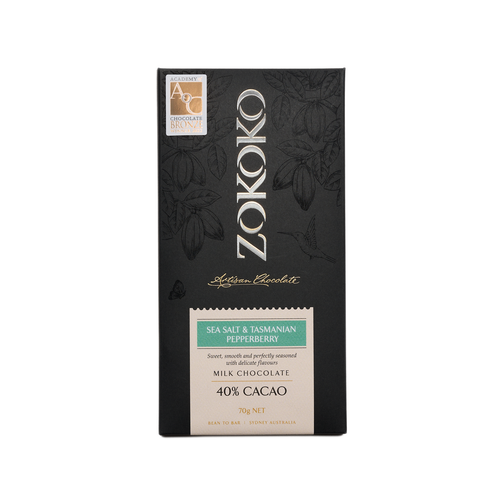 Zokoko artisan chocolate in 70g dark premium packaging, label with sea salt & Tasmanian pepperberry milk chocolate, 40% cacao