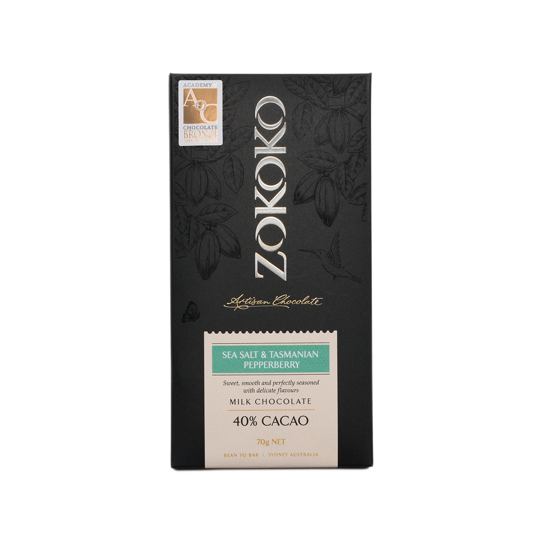 Zokoko artisan chocolate in 70g dark premium packaging, label with sea salt & Tasmanian pepperberry milk chocolate, 40% cacao