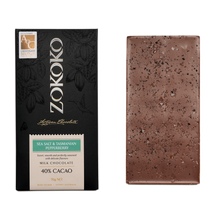 Load image into Gallery viewer, Zokoko artisan chocolate in 70g dark premium packaging, label with sea salt &amp; Tasmanian pepperberry milk chocolate, 40% cacao
